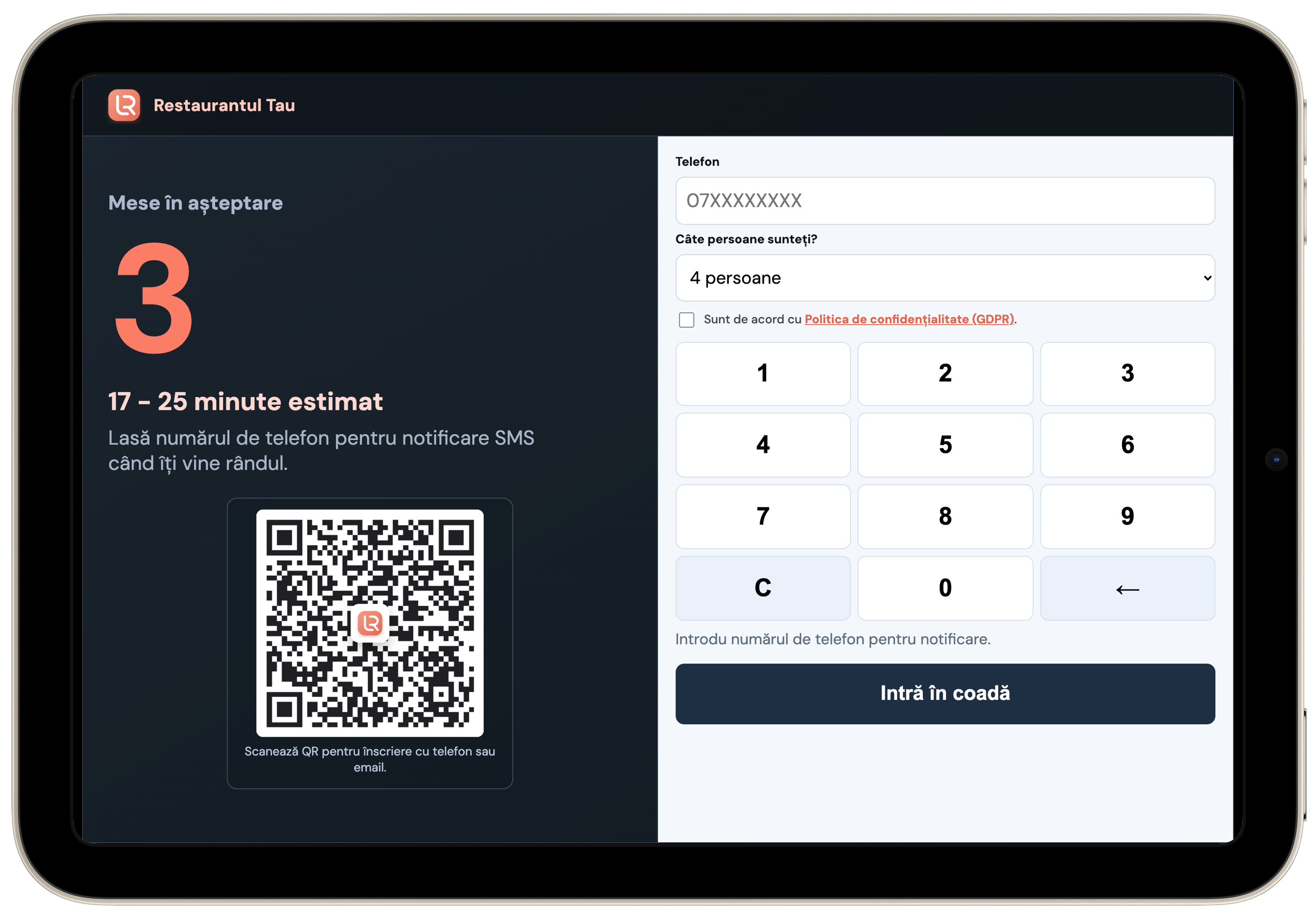 Interfața kiosk La Rând pe tabletă în mod landscape